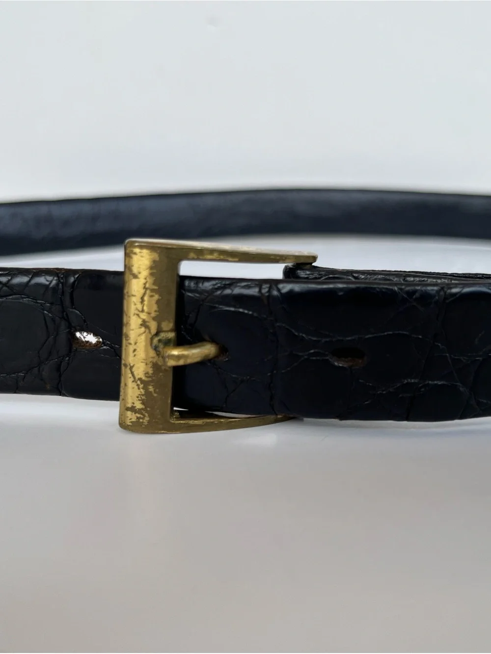 Saks Fifth Avenue Vintage Black Croc-Embossed Leather Belt with Brass Buckle